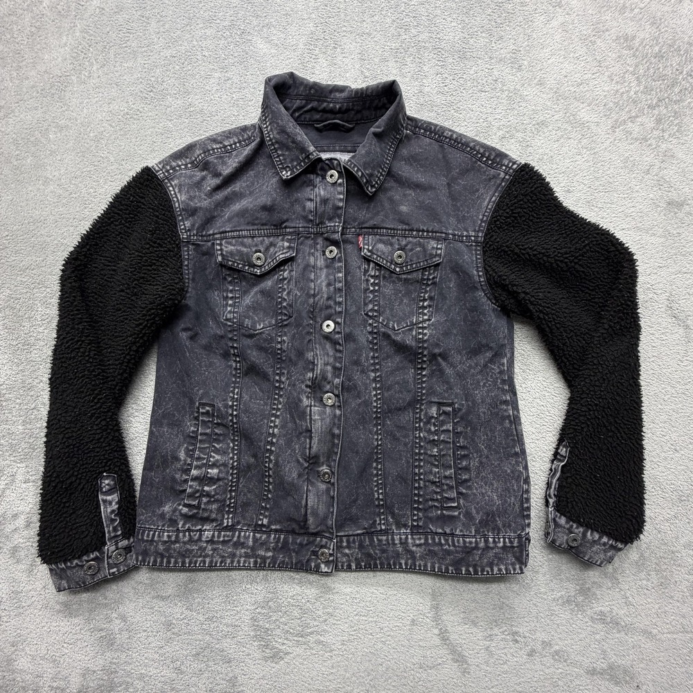 Levi's Jacket Womens Medium Black Denim Faux Fur Sherpa Sleeves Button‎ Biker